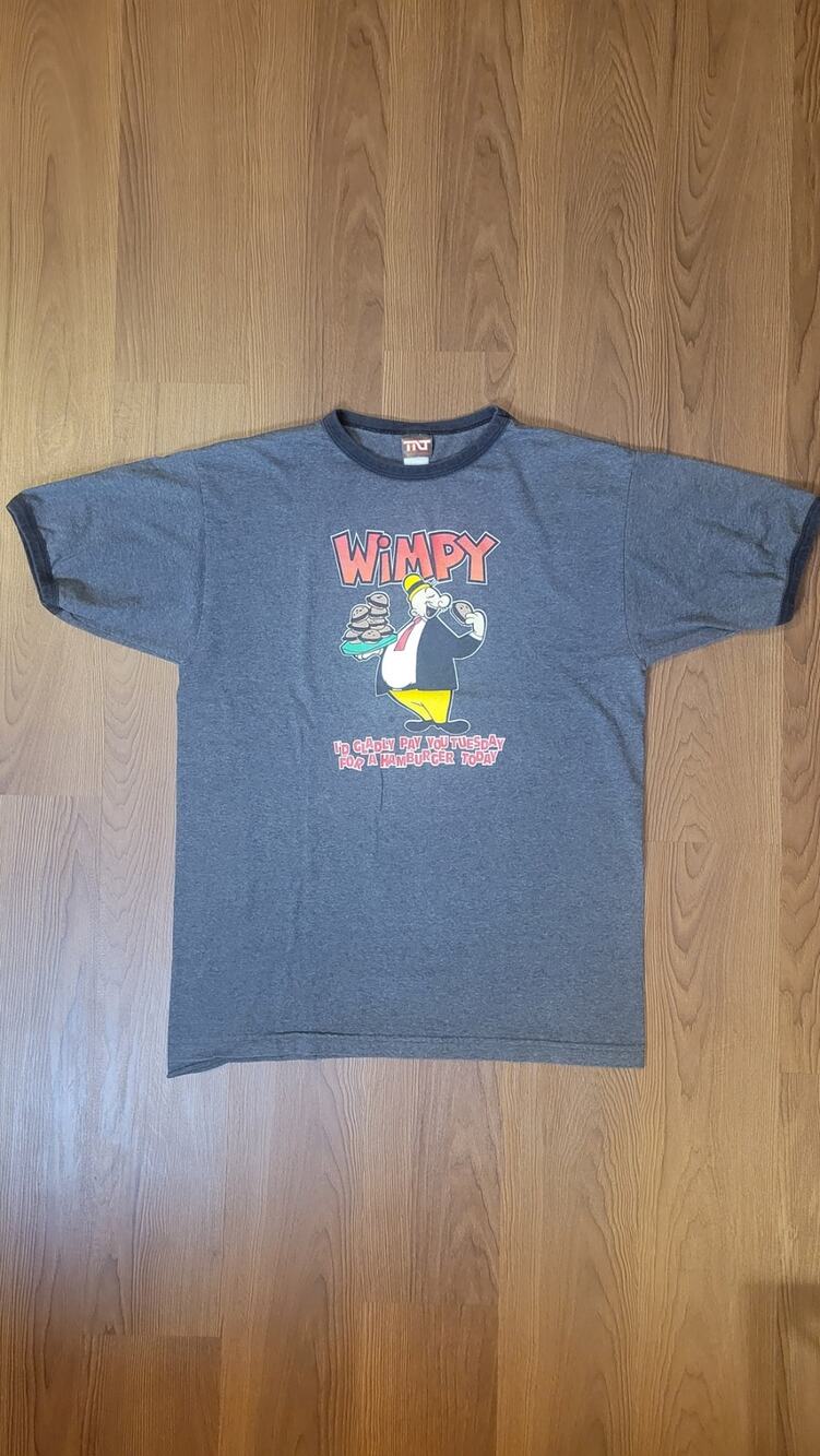 Popeye Wimpy T-Shirt I'd Gladly Pay You Tuesday Hamburger Ringer Tee L